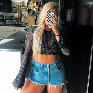 Black Sheer Mesh Bell Sleeve Crop Top with glitter